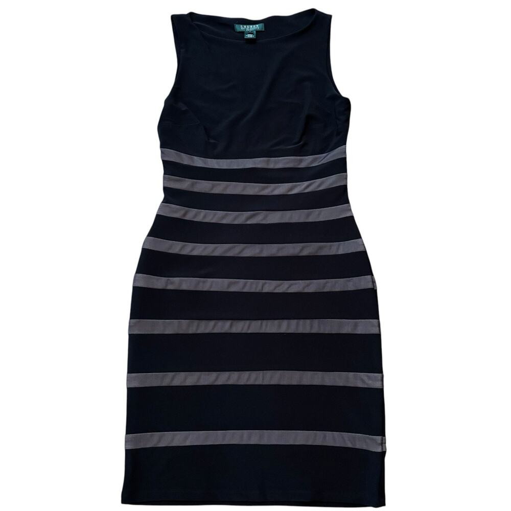 LRL Lauren Jeans Co. Black Stripe Sleeveless Mesh Lined Stretch Body Con Dress 6